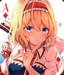 Rule 34 | 2girls, :o, absurdres, ace (playing card), ace of diamonds, alice margatroid, blue eyes, blue flower, blue nails, blush, breasts, capelet, diamond (shape), dress, finger to cheek, flower, frilled hairband, frilled shirt collar, frills, hairband, highres, huge filesize, index finger raised, medium breasts, mini person, minigirl, multiple girls, nail polish, necktie, one side up, open mouth, petals, playing card, red dress, red hairband, red neckwear, shangurira, shinki (touhou), short hair, silver hair, touhou, touhou (pc-98), upper body, white background, white capelet