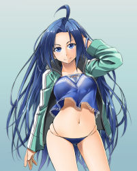 Rule 34 | 1girl, ahoge, alto-00, blue camisole, blue eyes, blue hair, camisole, contrapposto, cowboy shot, gradient background, green jacket, hair down, highres, jacket, long hair, long sleeves, looking at viewer, magicami, navel, ohtori ao, open clothes, open jacket, parted bangs, smile, solo, track jacket, very long hair, wind, wind lift