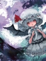 Rule 34 | 1girl, ascot, bad id, bad pixiv id, bat wings, dress, fangs, faux traditional media, frilled skirt, frills, hat, hat ribbon, heart, heart hands, jewelry, looking at viewer, maccha cocoa (mococo), mob cap, open mouth, puffy sleeves, purple dress, red eyes, remilia scarlet, ribbon, ribbon-trimmed headwear, ribbon trim, short sleeves, silver hair, skirt, skirt set, smile, solo, touhou, wings