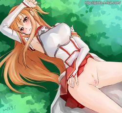 Rule 34 | 10s, 1girl, 2012, arm up, armor, asuna (sao), bad id, bad pixiv id, bare shoulders, blush, bottomless, breastplate, breasts, brown eyes, brown hair, censored, clothes lift, dated, detached sleeves, female pubic hair, ginko (silver fox), long hair, looking at viewer, looking up, lying, medium breasts, mosaic censoring, multiple girls, no panties, on back, parted lips, pubic hair, pussy, pussy juice, skirt, skirt lift, solo, sword art online, watermark, web address