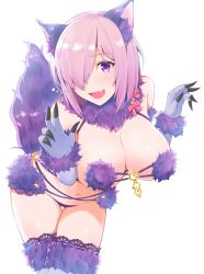 Rule 34 | 1girl, :d, animal ears, backlighting, bent over, blush, breasts, claws, cleavage, cowboy shot, fang, fate/grand order, fate (series), hair over one eye, halloween costume, halterneck, head tilt, lace, lace-trimmed legwear, lace trim, large breasts, looking at viewer, mash kyrielight, mash kyrielight (dangerous beast), navel, official alternate costume, open mouth, parted bangs, pink eyes, pink hair, purple thighhighs, revealing clothes, revision, sano jinya, short hair, simple background, smile, solo, standing, tail, thighhighs, white background, wolf ears, wolf tail