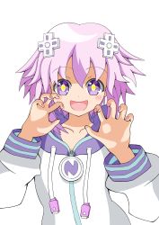 Rule 34 | 1girl, absurdres, breasts, d-pad, d-pad hair ornament, hair ornament, hairclip, highres, hood, hoodie, jacket, neptune (neptunia), neptune (series), open mouth, parka, purple eyes, purple hair, satou amatei, short hair, simple background, small breasts, white background, zipper