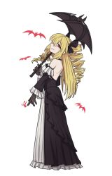 Rule 34 | 1girl, backless dress, backless outfit, bat (animal), black dress, black gloves, black souls, blonde hair, closed mouth, dress, drill hair, elisabeth (black souls), full body, gloves, highres, holding, holding umbrella, jewelry, long hair, looking at viewer, rabbit king, red eyes, ring, simple background, solo, twin drills, two side up, umbrella, white background