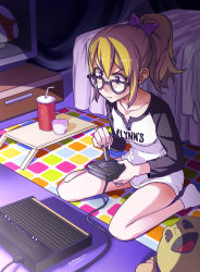 Rule 34 | 1girl, 2016, atari, atari 2600, bed, blonde hair, cable, clothes writing, commission, concentrating, controller, dark, dated, doll, eudetenis, game console, game controller, glasses, highres, indoors, mario (series), mushroom, nintendo, original, otaku, otaku room, pac-man, pac-man (game), playing games, ponytail, signature, sitting, solo, television, tron, wariza