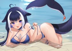 Rule 34 | 1girl, absurdres, ahoge, animal ears, arm tattoo, arm under breasts, beach, belt, belt collar, bikini, black hair, blue bikini, blue collar, breasts, cetacean tail, chest tattoo, cleavage, collar, commentary, crab, eevyart, english commentary, facial tattoo, fins, fish tail, halterneck, heart, heart ahoge, highres, indie virtual youtuber, large breasts, leg tattoo, long hair, looking at viewer, lying, multicolored hair, navel, on side, open mouth, orca girl, purple eyes, sand, shylily, shylily (bikini), streaked hair, swimsuit, tail, tattoo, thigh strap, undone bikini, virtual youtuber, water, wet, white hair
