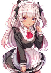 Rule 34 | 1girl, :d, apron, ascot, black bow, black dress, blush, bow, commentary request, cowboy shot, dress, fangs, frilled apron, frills, hair bow, hand up, highres, holding, holding tray, long hair, long sleeves, looking at viewer, maid, maid headdress, matsukai mao, nijisanji, open mouth, purple eyes, red ascot, sidelocks, silver hair, simple background, smile, solo, standing, tray, two side up, virtual youtuber, waist apron, white apron, white background, yuano