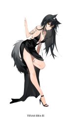 Rule 34 | 1girl, absurdres, alternate costume, animal ear fluff, animal ears, arknights, arm tattoo, bare legs, black dress, black footwear, black hair, breasts, cleavage, closed mouth, collarbone, commentary, dress, full body, high heels, highres, large breasts, long hair, looking at viewer, meng ziya, plunging neckline, side slit, simple background, sleeveless, sleeveless dress, solo, tail, tattoo, texas (arknights), thigh strap, white background, wolf ears, wolf tail, yellow eyes