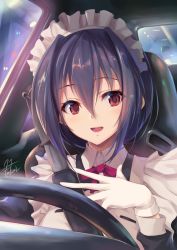 Rule 34 | 1girl, :d, apron, black dress, black hair, blush, car, car interior, chair, city lights, close-up, collared shirt, dress, fukai ryosuke, gloves, hair between eyes, hand on own chest, harness, lamp, lamppost, long sleeves, looking at viewer, maid, maid apron, maid headdress, motor vehicle, open mouth, purple hair, red eyes, red ribbon, ribbon, round teeth, shirt, short hair, signature, smile, solo, steering wheel, teeth, tsurime, upper body, vehicle, white gloves
