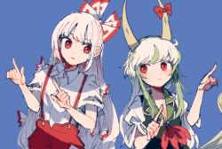 Rule 34 | 2girls, blue background, bow, ex-keine, fujiwara no mokou, green hair, hands up, horn bow, horn ornament, horns, itomugi-kun, kamishirasawa keine, long hair, multicolored hair, multiple girls, pants, red bow, red eyes, red pants, shirt, short sleeves, simple background, streaked hair, torn clothes, torn sleeves, touhou, upper body, white bow, white hair, white shirt