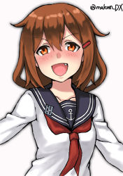 Rule 34 | 1girl, black sailor collar, brown hair, hair ornament, hairclip, ikazuchi (kancolle), kantai collection, looking at viewer, maakun (makun dx), neckerchief, one-hour drawing challenge, red neckerchief, sailor collar, school uniform, serafuku, short hair, simple background, solo, twitter username, upper body, white background