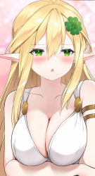 Rule 34 | 1girl, armlet, arms under breasts, blonde hair, blush, breasts, cleavage, clover hair ornament, dress, elf, green eyes, hair between eyes, hair ornament, highres, large breasts, li zhiheng, long hair, lu xiaoyu, my harem grew so large i was forced to ascend, open mouth, pale skin, pointy ears, sweatdrop, tagme, white dress