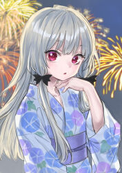 Rule 34 | 1girl, :&lt;, alternate costume, ama-tou, backlighting, black bow, blurry, blurry background, bow, collarbone, commentary request, eyelashes, festival, fingernails, fireworks, floral print, grey hair, hair bow, hair ribbon, hand on own chin, hand up, head rest, highres, japanese clothes, kimono, long hair, long sleeves, looking at viewer, looking to the side, morning glory print, night, obi, official art, outdoors, pale skin, parted lips, pink eyes, print kimono, purple kimono, purple sash, red eyes, ribbon, sash, solo, sophie twilight, straight hair, summer festival, tonari no kyuuketsuki-san, tress ribbon, upper body, wide sleeves, yukata