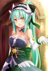 Rule 34 | 1girl, bare shoulders, black dress, blush, breasts, detached collar, dragon girl, dragon horns, dress, elbow gloves, fate/grand order, fate (series), frilled hairband, frills, gloves, green hair, hairband, high ponytail, highres, holding hands, horns, kiyohime (fate), kiyohime (formal dress) (fate), long hair, looking at viewer, medium breasts, multiple horns, obi, sash, sen (astronomy), sidelocks, smile, solo focus, white gloves, yellow eyes