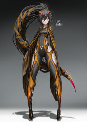 Rule 34 | 1girl, absurdres, armor, armored boots, arthropod girl, black bodysuit, black hair, bodysuit, boots, breasts, commentary request, fantasy, full body, gradient background, grey background, hair between eyes, highres, horns, ikasamahideo, long hair, original, pigeon-toed, ponytail, purple eyes, shadow, signature, sleeves past wrists, slit pupils, small breasts, solo, standing, very long hair, wasp, wasp girl, wide sleeves