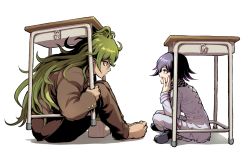 Rule 34 | 2boys, antenna hair, barefoot, black footwear, brown jacket, brown pants, checkered clothes, checkered scarf, commentary request, danganronpa (series), danganronpa v3: killing harmony, desk, eye contact, from side, glasses, gokuhara gonta, green hair, height difference, indian style, jacket, long hair, long sleeves, looking at another, male focus, multiple boys, open mouth, oma kokichi, pants, purple eyes, purple hair, scarf, school desk, school uniform, shoes, short hair, simple background, sitting, smile, straitjacket, under table, white background, white jacket, white pants, youko-shima
