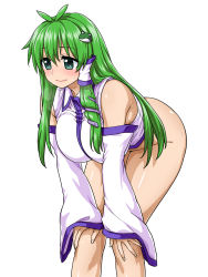 Rule 34 | 1girl, antenna hair, armpit peek, bare shoulders, blush, bottomless, breasts, closed mouth, commentary request, detached sleeves, frog hair ornament, green eyes, green hair, hair ornament, hair tubes, hands on own knees, heavy breathing, highres, itou yuuji, japanese clothes, kochiya sanae, large breasts, leaning forward, long hair, long sleeves, nontraditional miko, shirt, sleeveless, sleeveless shirt, smile, snake hair ornament, solo, sweat, tareme, touhou, white shirt, wide sleeves