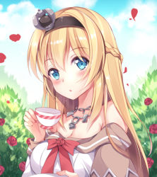 Rule 34 | 10s, 1girl, bare shoulders, blonde hair, blue eyes, blush, braid, breasts, cleavage, cloud, crown, cup, day, dress, eyes visible through hair, flower, french braid, holding, holding cup, jewelry, kantai collection, long hair, looking at viewer, medium breasts, mini crown, murasakio, necklace, outdoors, plant, saucer, sky, solo, teacup, warspite (kancolle), white dress