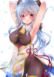 Rule 34 | 1girl, armpits, arms behind head, arms up, bell, black leotard, black pantyhose, blue hair, blush, bodystocking, bodysuit, bow, breasts, chinese knot, cowboy shot, flower knot, ganyu (genshin impact), genshin impact, gluteal fold, gold trim, groin, highres, horns, kihaku, leotard, leotard under clothes, long hair, looking at viewer, low ponytail, medium breasts, neck bell, pantyhose, parted lips, petals, purple eyes, sidelocks, solo, tassel, thigh gap, thighlet, thighs, vision (genshin impact)