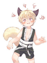 Rule 34 | 1boy, @ @, absurdres, animal ears, barefoot, blonde hair, blush, bokustar fox, dizzy, drooling, fox boy, fox ears, fox tail, highres, japanese clothes, male focus, original, simple background, solo, tail, white background