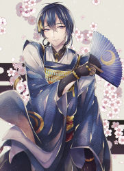 Rule 34 | 10s, 1boy, abandon ranka, armor, blue eyes, blue hair, cherry blossoms, eyelashes, hand fan, flower, folding fan, gloves, hair between eyes, hair ornament, highres, holding, japanese armor, japanese clothes, long sleeves, male focus, mikazuki munechika, patterned clothing, petals, short hair, simple background, smile, solo, touken ranbu, wide sleeves