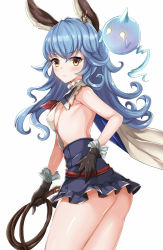 Rule 34 | 10s, 1girl, animal ears, ass, bad id, bad pixiv id, black gloves, blue hair, blush, breasts, cape, earrings, erune, ferry (granblue fantasy), gloves, granblue fantasy, harimoji, jewelry, long hair, looking at viewer, looking back, microskirt, sideboob, simple background, skirt, solo, whip, white background, yellow eyes