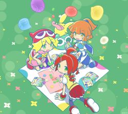 Rule 34 | 3girls, amitie (puyopuyo), andou ringo, arle nadja, artist request, bag, blonde hair, blue footwear, blue legwear, blush, board game, bracelet, child, flower, flying, game, go (board game), grass, green eyes, hat, jewelry, kneeling, looking at viewer, looking back, multiple girls, on floor, open mouth, orange hair, outdoors, picnic, playing games, pointing, puyopuyo, puyopuyo quest, red footwear, red hair, red headwear, red skirt, sega, shoes, skirt, slippers, smile, socks, tablecloth, token, tongue, tongue out, wavy hair, yellow eyes