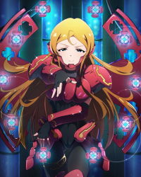 Rule 34 | 10s, 1girl, ahoge, armor, black gloves, blonde hair, blue eyes, closed mouth, cowboy shot, faulds, fingerless gloves, foreshortening, glint, gloves, glowing, idolmaster, idolmaster million live!, long hair, looking at viewer, official art, outstretched arm, pauldrons, shinomiya karen, shoulder armor, smile, solo, standing, thigh gap, thigh strap