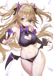 Rule 34 | 1girl, ahoge, alternate breast size, armpits, bare shoulders, black panties, black shirt, blonde hair, bow, bowtie, breasts, cleavage, cleavage cutout, clothing cutout, cowboy shot, crop top, detached sleeves, eyepatch, fake horns, fischl (genshin impact), floating hair, genshin impact, green eyes, hair bow, hairband, halterneck, heart cutout, horns, large breasts, long hair, looking at viewer, low wings, navel, panties, parted lips, revealing clothes, shirt, simple background, sleeveless, sleeveless shirt, solo, stomach, thighs, two side up, underwear, very long hair, white background, wings, ziko