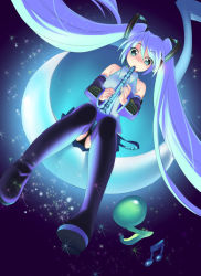 Rule 34 | 1girl, beamed quavers, blue hair, flute, hatsune miku, holding flute, holding instrument, instrument, long hair, musical note, piyodera mucha, quaver, recorder, solo, thighhighs, twintails, very long hair, vocaloid