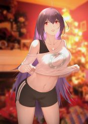 Rule 34 | 1girl, absurdres, ahoge, blurry, blurry background, box, christmas, christmas lights, christmas ornaments, christmas tree, clothes lift, fate/grand order, fate (series), fireplace, gift, gift box, hair intakes, highres, huge filesize, indoors, izaac, lifting own clothes, looking at viewer, parted lips, pine tree, purple hair, red eyes, scathach (fate), scathach (fate), shirt lift, shorts, smile, tank top, tree