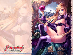 Rule 34 | 1girl, arm support, armor, artist request, bikini armor, blonde hair, blue eyes, boots, bra, brandish, brandish (video game), breasts, cape, cave, company name, copyright name, dela delon, earrings, elbow gloves, eyeshadow, gloves, hammer, high heels, highres, holding, jewelry, lace, lace-trimmed legwear, lace trim, leg up, lipstick, long hair, makeup, medium breasts, monster, official art, open mouth, panties, pink lips, purple bra, purple footwear, purple gloves, purple panties, purple thighhighs, sitting, sitting on person, smile, solo, staff, tears, thigh boots, thighhighs, underwear, wand, witch