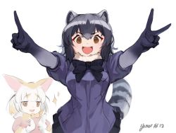 Rule 34 | 2girls, animal ears, black bow, black bowtie, black gloves, black skirt, blonde hair, blue sweater, blush, bow, bowtie, clapping, commentary request, common raccoon (kemono friends), elbow gloves, fennec (kemono friends), fox ears, fox girl, fur collar, gloves, grey hair, highres, jknor, kemono friends, multicolored hair, multiple girls, orange eyes, pink sweater, pleated skirt, puffy short sleeves, puffy sleeves, raccoon ears, raccoon girl, raccoon tail, short hair, short sleeves, skirt, sweater, tail, two-tone gloves, white fur, white gloves, white hair