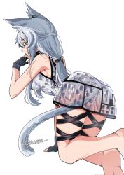 Rule 34 | 1girl, all fours, animal ear fluff, animal ears, arched back, arknights, arm support, armpit crease, artist name, ass, bare arms, bare shoulders, barefoot, black collar, black gloves, breasts, cat ears, cat girl, cat tail, collar, commentary, cross scar, dress, earpiece, expressionless, eyelashes, fingerless gloves, from behind, full body, gloves, green eyes, grey hair, grey tail, hair between eyes, hair tie, hand to own mouth, hand up, highres, infection monitor (arknights), invisible floor, leg up, legs, licking, licking hand, long hair, looking at viewer, looking back, low ponytail, medium breasts, multiple scars, multiple thigh straps, no bra, no panties, official alternate costume, pokarii zuu, ponytail, profile, rosmontis (arknights), rosmontis (become anew) (arknights), scar, scar on arm, scar on leg, see-through, see-through dress, shadow, short dress, sideboob, sidelocks, sideways glance, simple background, sleeveless, sleeveless dress, soles, solo, straight hair, tail, thigh strap, thighs, tongue, tongue out, twitter username, very long hair, white background, white dress