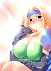 Rule 34 | 1990s (style), 1girl, blonde hair, blush, breasts, celes chere, cleavage, covered erect nipples, final fantasy, final fantasy vi, gloves, headband, hima, huge breasts, large breasts, leotard, lowres, solo