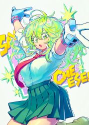 Rule 34 | 1girl, artist name, boku no hero academia, border, breasts, collared shirt, colored eyelashes, double v, english text, gloves, green border, green eyes, green footwear, green hair, green skirt, hagakure tooru, hair between eyes, highres, inset border, jumping, large breasts, long hair, looking at viewer, mecyo (mamezurushiki), messy hair, midair, multicolored hair, necktie, open mouth, outstretched arms, partially unbuttoned, pink hair, pleated skirt, red necktie, school uniform, shirt, skirt, solo, sparkle, thick eyelashes, thighs, u.a. school uniform, unusually visible, v, white background, white gloves