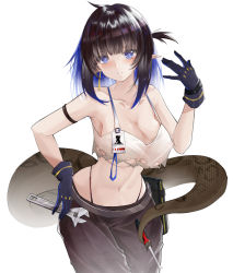 Rule 34 | 1girl, absurdres, arknights, arm strap, bare arms, bare shoulders, black gloves, black hair, black pants, blue eyes, blue hair, breasts, camisole, cleavage, commentary request, cowboy shot, crop top, eunectes (arknights), eunectes (forgemaster) (arknights), gloves, hand up, highres, kaminarichyan, large breasts, long hair, looking at viewer, midriff, navel, official alternate costume, one side up, pants, parted lips, pointy ears, simple background, snake tail, solo, spaghetti strap, standing, stomach, tail, white background
