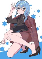 Rule 34 | 1girl, adjusting eyewear, black footwear, black shirt, blue background, blue eyes, blue hair, blue nails, blush, bow, braid, closed mouth, collared shirt, feet, full body, glasses, hair bow, hair ornament, hairclip, hand on own knee, hand up, heel pop, high-waist skirt, high heels, highres, hololive, hoshimachi suisei, jacket, jacket on shoulders, kneeling, legs, long hair, long sleeves, looking at viewer, nail polish, office lady, patterned clothing, red jacket, red skirt, shirt, sidelocks, skirt, smile, soh himitsuki, solo, star (symbol), two-tone background, virtual youtuber, white background