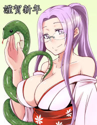 Rule 34 | 1girl, breasts, cleavage, fate/stay night, fate (series), glasses, huge breasts, japanese clothes, kimono, long hair, medusa (fate), medusa (rider) (fate), new year, ponytail, purple eyes, purple hair, snake, solo, square pupils, very long hair, wide ponytail, zanku