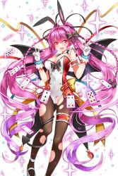 Rule 34 | 1girl, absurdly long hair, animal ears, armband, black daisy (soccer spirits), black wings, bracelet, braid, breasts, bridal garter, card, cleavage, demon tail, gloves, highres, jewelry, legband, long hair, looking at viewer, medium breasts, official art, open mouth, pantyhose, pink eyes, pink hair, playing card, rabbit ears, serin199, shoes, soccer spirits, solo, standing, tail, torn clothes, torn pantyhose, transparent background, v, very long hair, white footwear, white gloves, wings