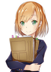 Rule 34 | 10s, 1girl, absurdres, brown hair, green eyes, highres, holding, looking at viewer, miyamori aoi, shirobako, short hair, simple background, smile, solo, sylphine, upper body, white background
