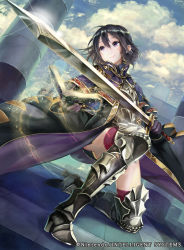 Rule 34 | 1girl, alternate costume, armor, armored boots, black hair, book, boots, breastplate, coat, fire emblem, fire emblem awakening, fire emblem cipher, gauntlets, glint, gloves, greaves, holding, holding book, holding sword, holding weapon, jacket, magic, morgan (female) (fire emblem), morgan (fire emblem), nintendo, official art, open book, pisuke, short hair, smile, solo, sword, thighhighs, weapon, wind