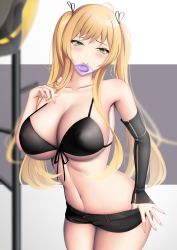 Rule 34 | 1girl, absurdres, ahoge, azur lane, bare shoulders, bikini, bikini top only, black bikini, black ribbon, black sleeves, blonde hair, blush, breasts, cleavage, clothes pull, collarbone, commentary request, commission, condom, condom in mouth, condom wrapper, cowboy hat, cowboy shot, d.j (dwcg2854), detached sleeves, eyebrows hidden by hair, front-tie bikini top, front-tie top, green eyes, hair ribbon, hand on own chest, hat, unworn hat, head tilt, unworn headwear, highres, hornet (azur lane), large breasts, long hair, looking at viewer, mouth hold, nail polish, navel, partial commentary, pixiv commission, purple nails, resolution mismatch, revision, ribbon, short shorts, shorts, shorts pull, sidelocks, single detached sleeve, smile, solo, source smaller, standing, stomach, swimsuit, thighs, twintails, very long hair, white background