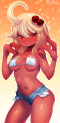 Rule 34 | 1girl, absurdres, ahoge, bare arms, bare shoulders, born-to-die, bra, breasts, collarbone, covered erect nipples, dark-skinned female, dark skin, denim, denim shorts, female focus, hair between eyes, highres, looking at viewer, looking to the side, medium breasts, midriff, monster girl, navel, no mouth, red eyes, shiny skin, shorts, solo, stomach, unbuttoned, underwear