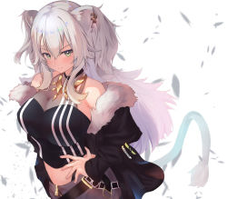 Rule 34 | 1girl, animal ears, belt, breasts, cleavage, closed mouth, earrings, green eyes, hair between eyes, hand on own hip, highres, hololive, jewelry, lion ears, lion tail, long hair, looking at viewer, medium breasts, see-through, see-through cleavage, sheiou, shishiro botan, shishiro botan (1st costume), simple background, smile, solo, tail, virtual youtuber, white background, white hair