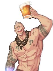 Rule 34 | 1boy, aaron huton (cyphers), abs, arm tattoo, arm up, bandaid, bandaid on cheek, bandaid on face, bara, beard, beer mug, black hair, brk 603, chain necklace, cup, cyphers, dog tags, facial hair, grin, highres, jewelry, large pectorals, male focus, mature male, mug, muscular, muscular male, necklace, nipples, pants, pectorals, short hair, smile, solo, stomach, tattoo, topless male, upper body, white background, white hair
