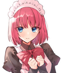 Rule 34 | 1girl, apron, blue eyes, blush, bow, bowtie, clenched hands, closed mouth, eyes visible through hair, hands on own chest, hisui (tsukihime), juliet sleeves, long sleeves, looking to the side, maid, maid apron, maid headdress, pink hair, portrait, puffy sleeves, red bow, red bowtie, red ribbon, ribbon, short hair, simple background, solo, tearing up, tsukihime, wasa (wanosabi), white background