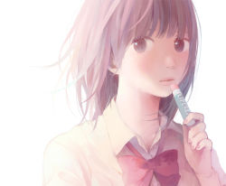 Rule 34 | 1girl, blurry, blurry background, brown eyes, brown hair, hinata (lipcream), lip balm, looking at viewer, original, resolution mismatch, revision, short hair, simple background, solo, source larger, white background, wide-eyed