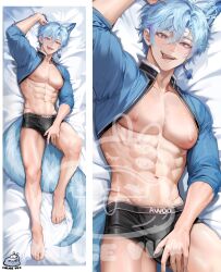Rule 34 | 1boy, abs, alice vu, bare pectorals, bishounen, black male underwear, blue hair, bulge, check copyright, clothes lift, copyright request, dakimakura (medium), english text, fox boy, gradient eyes, grey nails, groin, highres, large pectorals, looking at viewer, lying, male focus, male underwear, multicolored eyes, muscular, muscular male, navel, nipples, no pants, obliques, on back, original, pectorals, projected inset, seductive smile, shirt lift, smile, stomach, underwear, v-taper, watermark