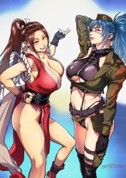 Rule 34 | bare shoulders, blue eyes, blue hair, breasts, brown eyes, brown hair, cleavage, collarbone, dress, earrings, eyepatch, floral print, folding fan, gloves, hand fan, hat, high ponytail, holster, jewelry, kishizuka kenji, large breasts, leona heidern, long hair, military, navel, ninja, no bra, parted bangs, patch, pelvic curtain, ponytail, red dress, revealing clothes, shiranui mai, smile, snk heroines: tag team frenzy, soldier, standing, strap, the king of fighters, thighs, thong, underboob, very long hair