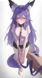 Rule 34 | 1girl, absurdres, animal ear fluff, animal ears, barefoot, black collar, black shorts, blush, collar, commission, crying, crying with eyes open, fang, full body, hair between eyes, highres, interlocked fingers, leash, long hair, original, own hands clasped, own hands together, pov, purple eyes, purple hair, purple shirt, shirt, short shorts, short sleeves, shorts, simple background, skin fang, solo focus, t-shirt, tail, tears, very long hair, viewer holding leash, white background, yuzabeecha